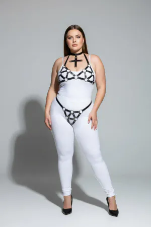 Black Faux Leather Harness Set with Cross Choker and O-Rings