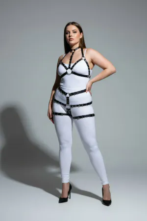 Black Faux Leather Full Body Harness with Choker and Leg Garters for Women