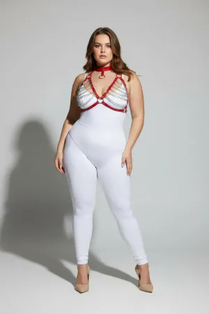 Red faux leather body harness with cascading silver chains and O-ring detail, worn by a plus-size model.