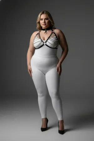 Black faux leather body harness with silver-tone chain detailing and choker collar on a plus-size model