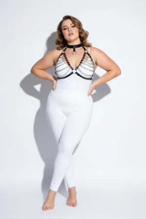 Black faux leather body harness with silver-tone chain detailing and choker collar on a plus-size model