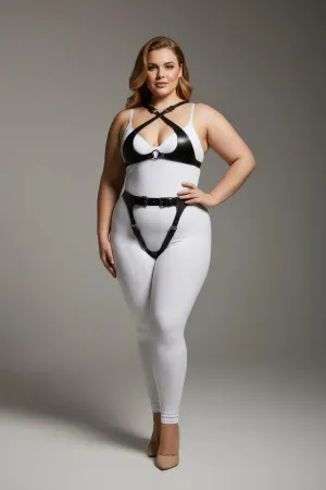 Black Faux Leather Full Body Harness Set with Garter Straps, worn by a plus-size woman