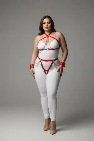 Red Faux Leather Full Body Harness O-Ring Waist Chain