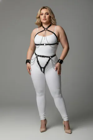 Black Faux Leather Full Body Harness Set with Choker and Cuffs