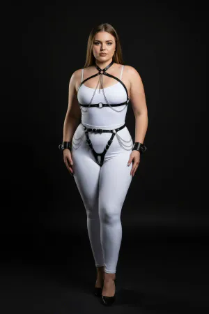 Black Faux Leather Full Body Harness Set with Choker and Cuffs