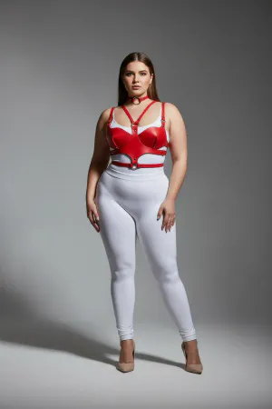 Red Faux Leather Chest Harness with Molded Cups and Choker on a plus-size model