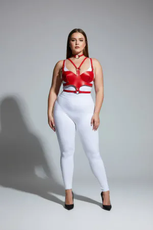 Red Faux Leather Chest Harness with Molded Cups and Choker on a plus-size model