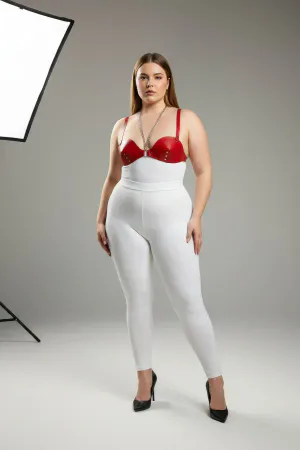Red faux leather body harness with chain detail worn by a plus-size model