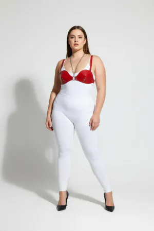 Red faux leather body harness with chain detail worn by a plus-size model