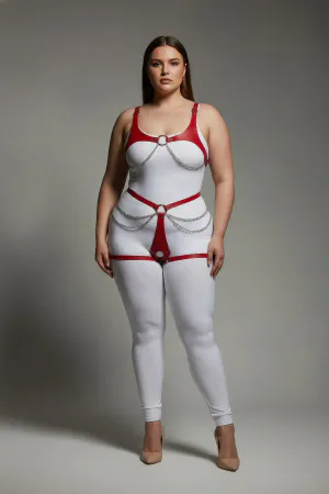 Red Faux Leather Body Harness with Silver O-Rings and Draping Chains Worn on Plus Size Model