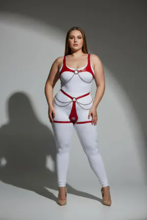 Red Faux Leather Body Harness with Silver O-Rings and Draping Chains Worn on Plus Size Model