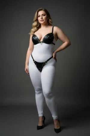Black Studded Faux Leather Bra and Thong Harness Set on a plus-size model