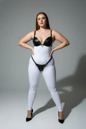 Black Studded Faux Leather Bra and Thong Harness Set on a plus-size model