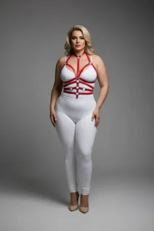 Red faux leather full body harness with adjustable straps and O-ring details