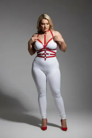 Red faux leather full body harness with adjustable straps and O-ring details