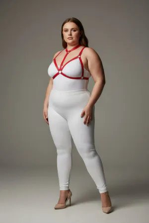 Red faux leather strappy body harness with O-ring details and adjustable straps