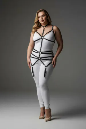Black faux leather full body harness with choker and adjustable garter straps