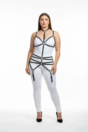 Black faux leather full body harness with choker and adjustable garter straps