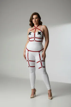 Red Faux Leather Body Harness with Leg Garters worn by a model.
