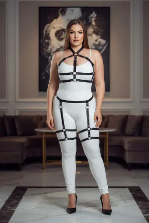 Black faux leather full body harness with garter straps and silver O-rings