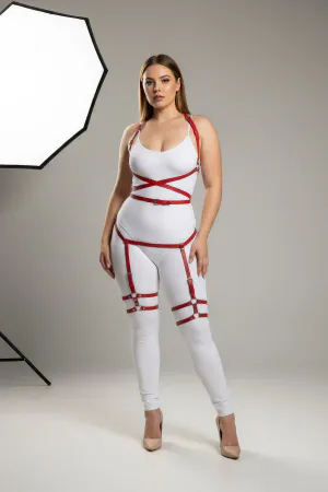 Red faux leather strappy full body harness with adjustable straps