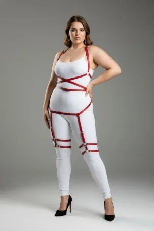 Red faux leather strappy full body harness with adjustable straps