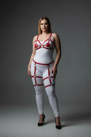 Red Faux Leather Body Harness with Garters and O-Ring Detail on Model