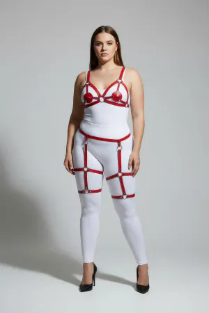 Red Faux Leather Body Harness with Garters and O-Ring Detail on Model