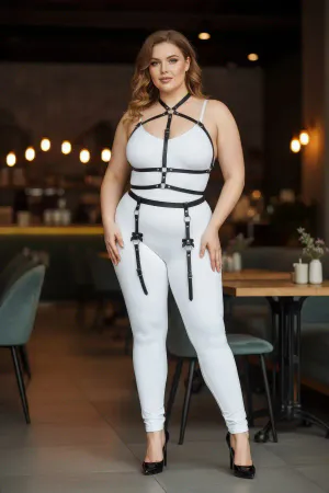 Black Faux Leather Plus Size Full Body Harness with Garter Straps