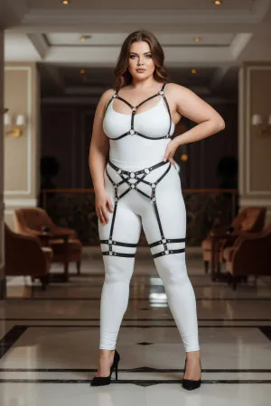 Black vegan leather full body harness with adjustable garter straps