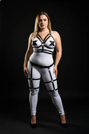 Plus Size Black Faux Leather Strappy Full Body Harness with Detachable Leg Garters