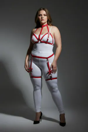Red Faux Leather Garter Harness with Bow Detail and Adjustable Straps