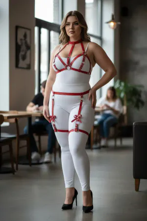 Red Faux Leather Garter Harness with Bow Detail and Adjustable Straps