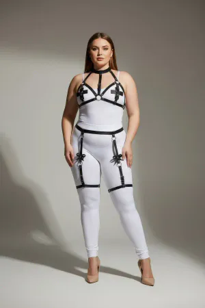 Black vegan leather strappy garter body harness with O-ring and bow details
