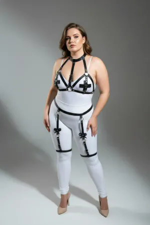 Black vegan leather strappy garter body harness with O-ring and bow details