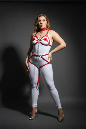 Red Faux Leather Full Body Harness with Detachable Chain and Garter Straps