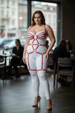 Red Full Body Caged Harness Plus Size with Silver O-Rings and Thigh Straps