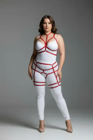 Red Faux Leather Full Body Harness for Women with Strappy Leg Garters Adjustable Fit
