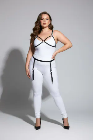 Plus Size Body Harness Black Faux Leather Strappy Bra and Garter Design Silver O-Rings