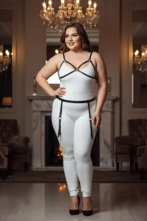 Plus Size Body Harness Black Faux Leather Strappy Bra and Garter Design Silver O-Rings