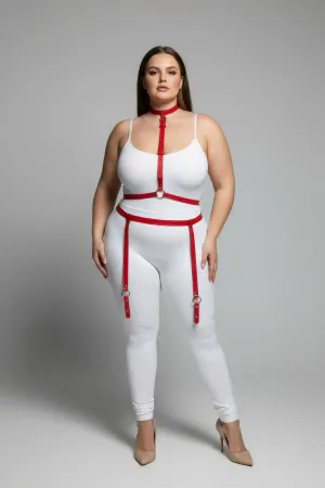 Red Vegan Leather Full Body Harness Women Adjustable Garter Straps