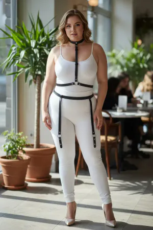 Black Faux Leather Full Body Harness with Choker and Detachable Leg Garter Straps, Plus Size Model