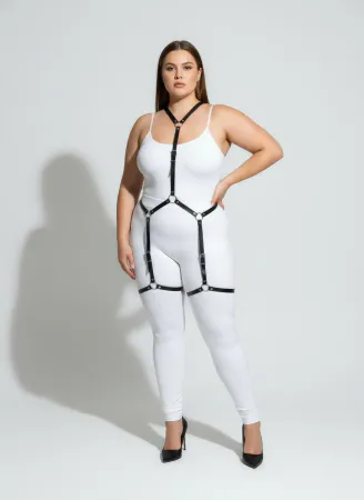 Black Faux Leather Full Body Harness Women Adjustable O-Ring Details Thigh Straps