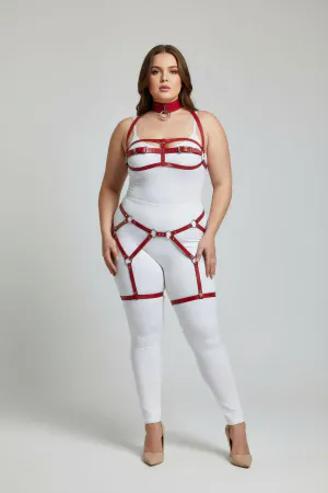 Red Faux Leather Full Body Harness Plus Size Model Silver O-Rings Choker Garter Straps