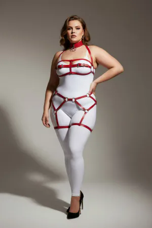 Red Faux Leather Full Body Harness Plus Size Model Silver O-Rings Choker Garter Straps