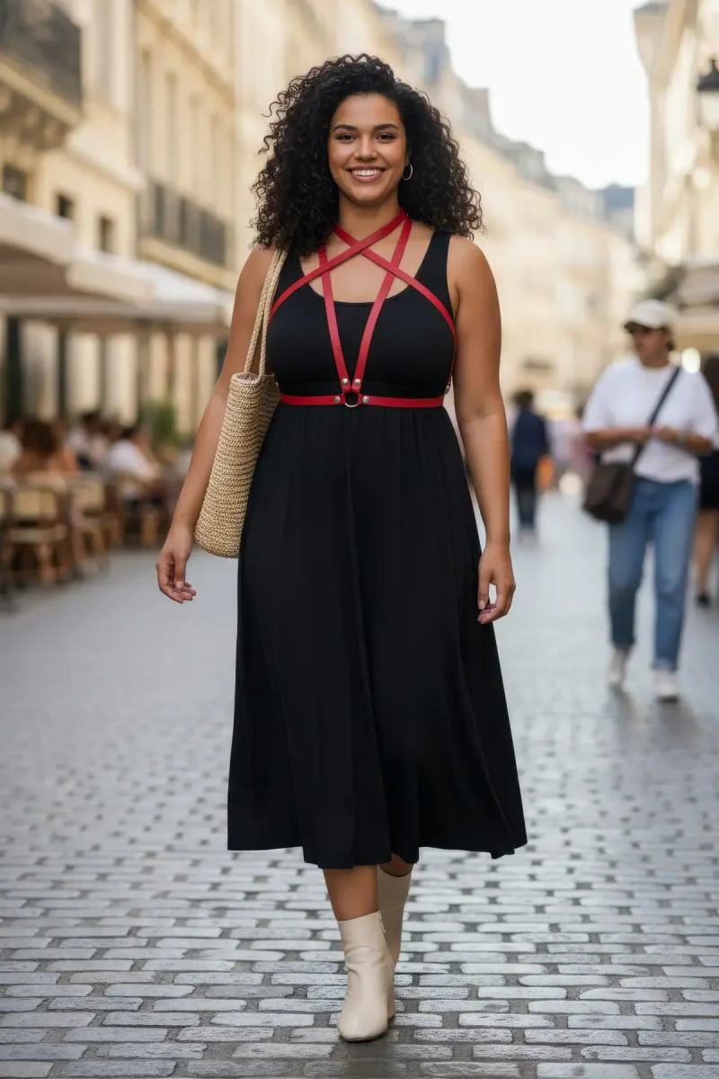 Red Vegan Leather Overbust Criss-Cross Body Harness with O-Ring worn by a woman over a black dress