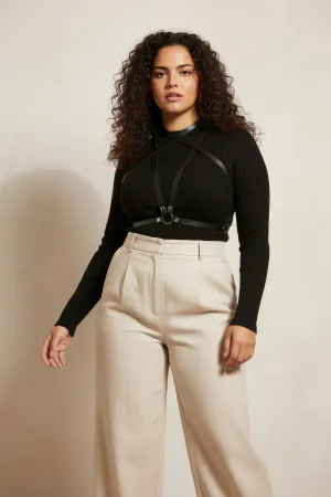 Black Vegan Leather Star Chest Harness Women Cream Dress