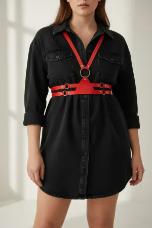 Red Faux Leather Chest Harness Women Plus Size O-Ring Design