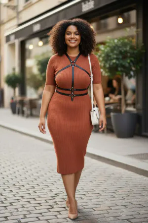 Black Caged Faux Leather Body Harness worn over an orange dress