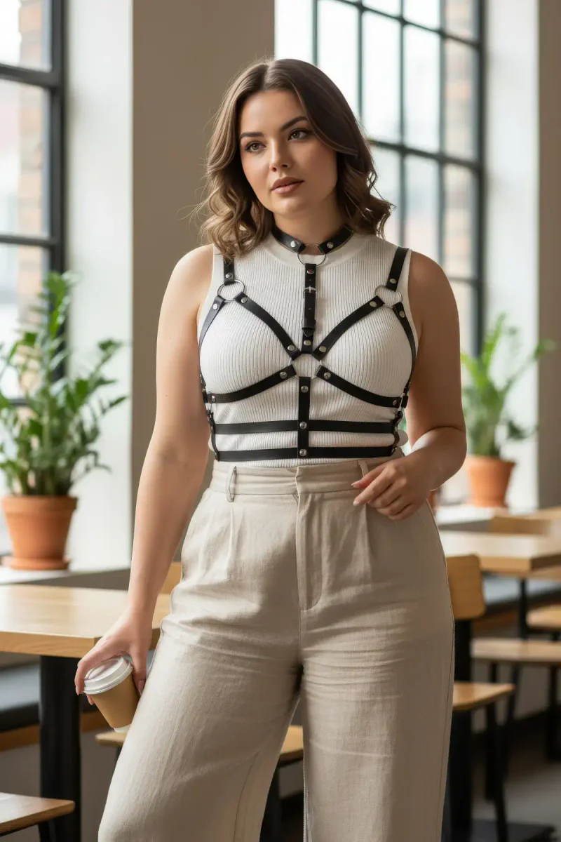 Black faux leather chest harness over white top